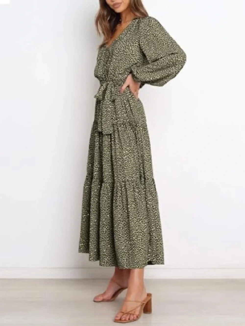 Long Sleeve Olive Floral Tiered Maxi Dress with V-Neck - Picture 3 of 9
